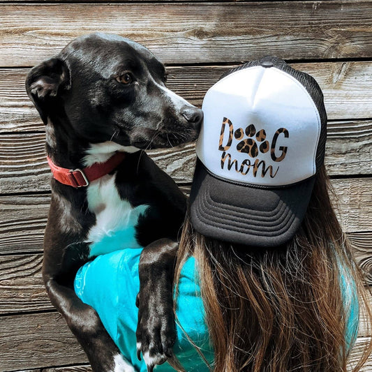 Dog Mom Trucker Hat Leopard Print Text